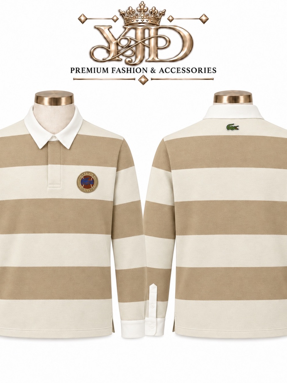 Lacoste Men's Beige & Cream Striped Rugby Polo Sweater
